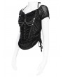 Devil Fashion Black Gothic Punk Rivet Ruched Drawstring T-shirt for Women
