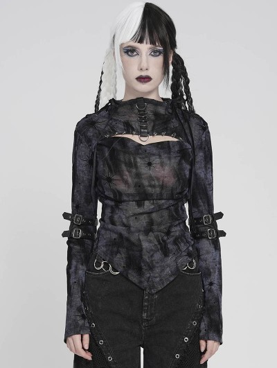 Devil Fashion Black Gothic Cut Out Ruched Long Sleeve T-Shirt for Women