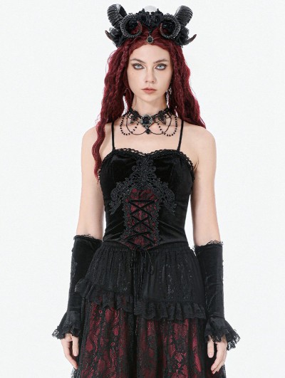 Dark in love Black and Red Gothic Velvet Lace Appliqued Corset Top for Women