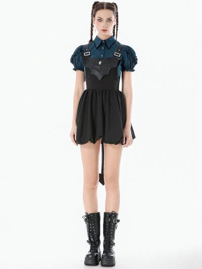 Dark in love Black Gothic Bat Wing Buckle Strap Short Dress with Tail