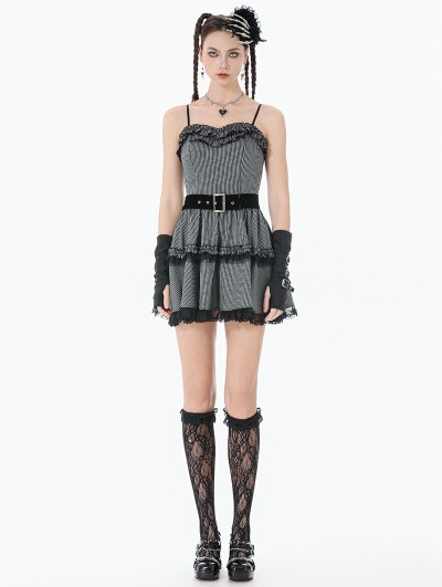 Dark in love Grey and Black Striped Gothic Layered Ruffle Mini Dress