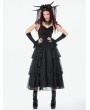 Dark in love Black Gothic Satin Ruched Layered Lace Long Party Dress