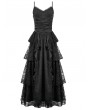 Dark in love Black Gothic Satin Ruched Layered Lace Long Party Dress