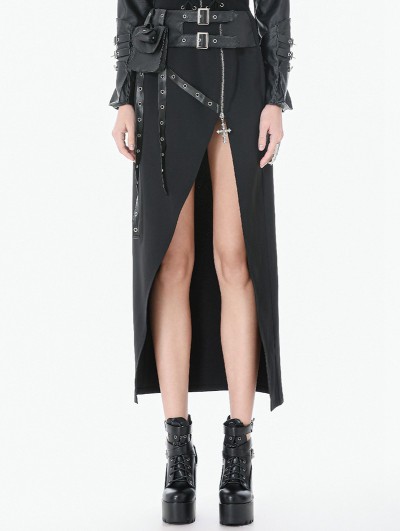 Dark in love Black Gothic Punk Utility Asymmetric Zip Slit Long Skirt