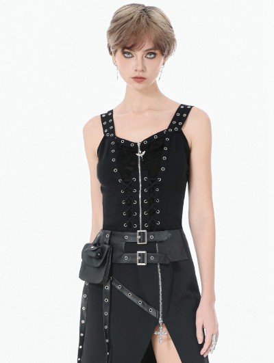 Dark in love Black Gothic Punk Metal Distressed Lace-Up Vest Top for Women
