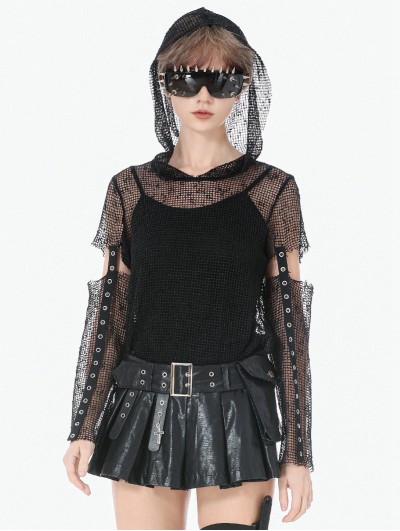 Dark in love Black Gothic Punk Mesh Hollow-Out Hooded Top for Women