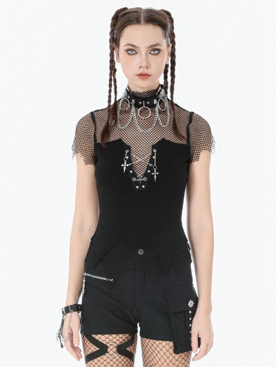 Dark in love Black Gothic Punk Irregular Mesh Chain Top for Women