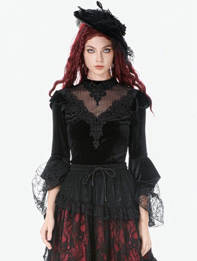 Dark in love Black Retro Gothic Velvet Lace Embroidered Shirt for Women