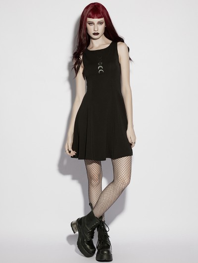 Punk Rave Black Gothic Moon Print Slim Sleeveless Short Pleated Dress