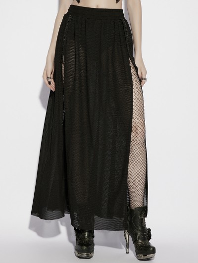 Punk Rave Black Gothic Sexy Perspective Mesh Slit Long Skirt