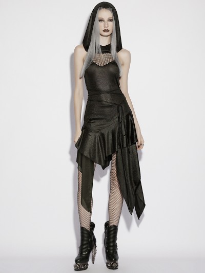Punk Rave Black Gothic Wasteland Hooded Sleeveless Asymmetrical Dress