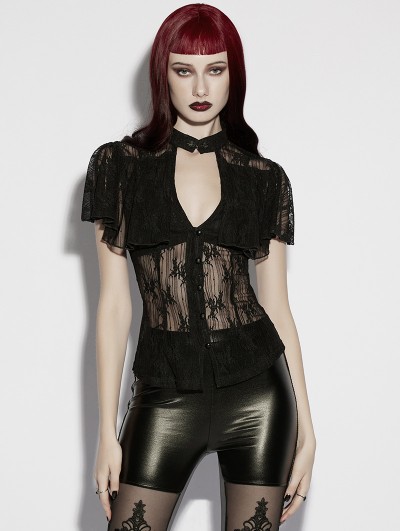 Punk Rave Black Gothic Perspective Lace Short Sleeve Shirt for Women