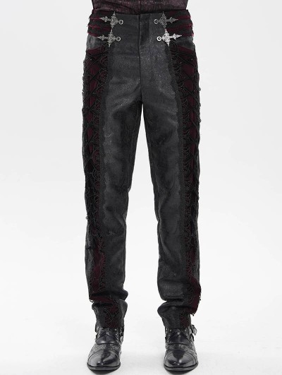 Devil Fashion Black and Red Retro Gothic Embroidery Velvet Panel Pants for Men