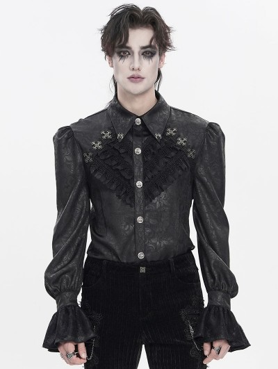 Devil Fashion Black Retro Gothic Floral Embroidery Pattern Shirt for Men