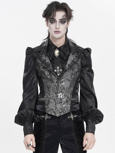 Devil Fashion Silver and Black Retro Gothic Embroidery Jacquard Waistcoat for Men