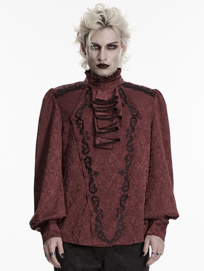 Punk Rave Red Gorgeous Gothic Coffin Embroidered Men's Shirt with Detachable Collar