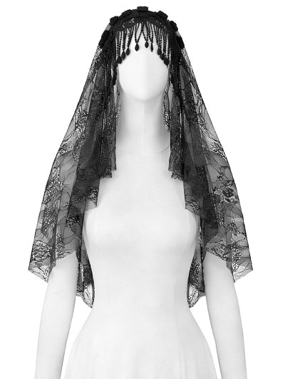 Dark in love Black Gothic Embroidered Lace Beaded Fringe Veil