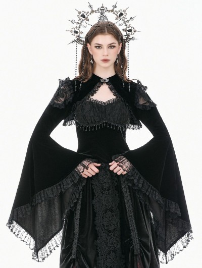 Dark in love Black Gothic Velvet Lace Cutout Flared Sleeves Shrug for Women