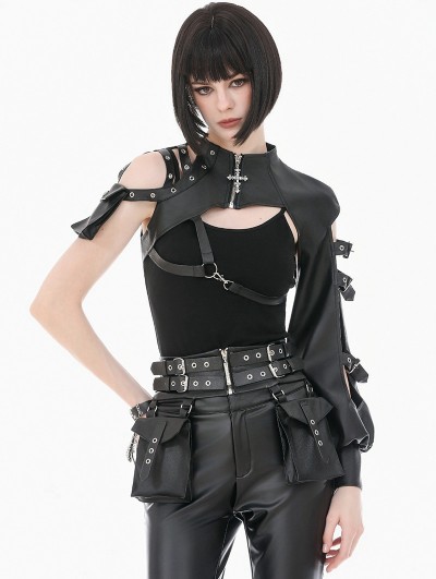 Dark in love Black Gothic Punk Cross Zipper Leather Harness Shrug for Women