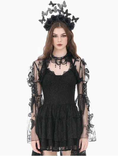 Dark in love Black Gothic Ruffled Butterfly Embroidery Sheer Lace Bolero for Women