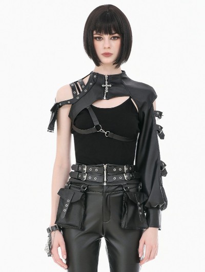 Dark in love Black Gothic Techwear Buckle Eyelet Leather Corset with Pouches