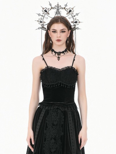 Dark in love Black Gothic Retro Velvet Beaded Tassel Cami Top for Women