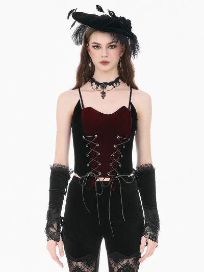 Dark in love Black and Red Patchwork Gothic Retro Velvet Cami Top for Women