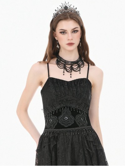 Dark in love Black Gothic Regal Velvet Beaded Tassels Waist Cincher Belt