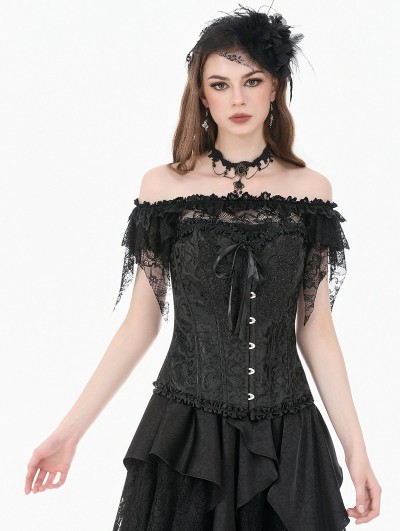 Dark in love Black Gothic Court Jacquard Lace Ruffles Corset Top for Women