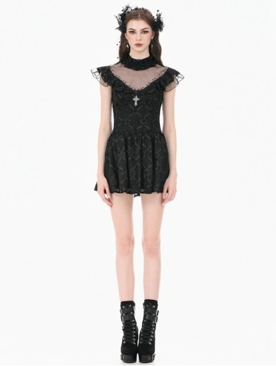 Dark in love Black Dark Butterfly Lace Illusion-Neck Gothic Mini Dress