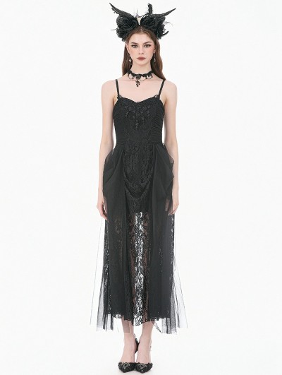 Dark in love Black Dark Gothic Floral Lace Mesh Long Party Dress