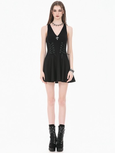 Dark in love Black Dark Techwear Halter V-Neck Cross Gothic Lace-Up Dress