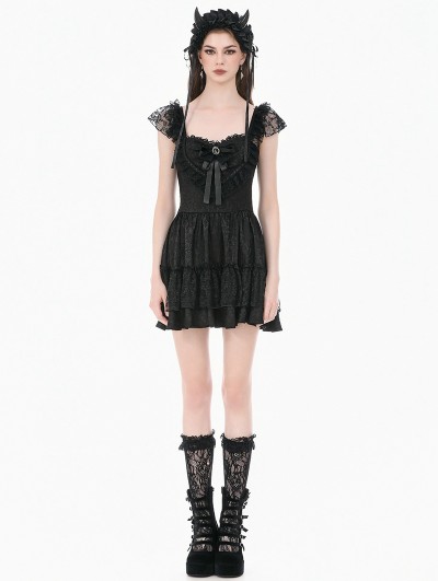 Dark in love Black Gothic Lolita Jacquard Lace Flutter Sleeve Mini Dress
