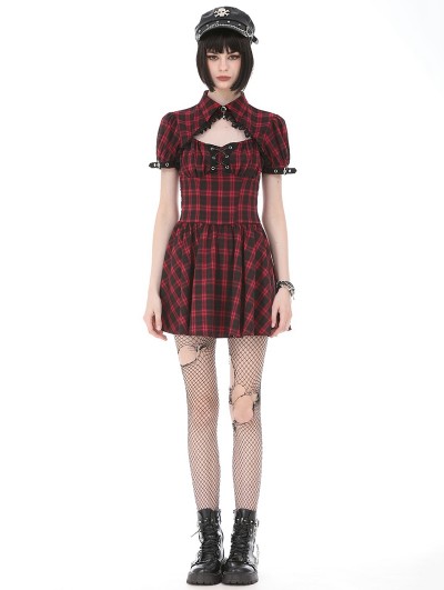 Dark in love Red Plaid Retro Punk Gothic Cutout Lace-Up Mini Dress