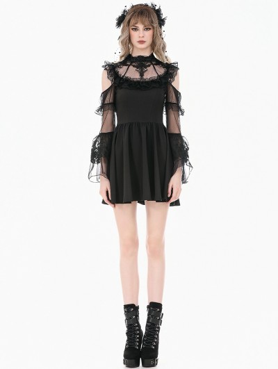 Dark in love Black Romantic Gothic Lace Frill Sheer Mesh Short Dress