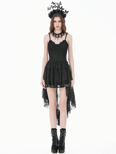 Dark in love Black Retro Gothic Lace Camisole High-Low Ruffle Party Dress