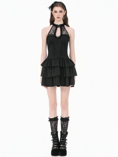 Dark in love Black Gothic Halter Lace Patchwork Tiered Ruffle Mini Dress
