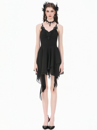 Dark in love Black Gothic Lace Embroidery Asymmetric Flowy Chiffon Dress