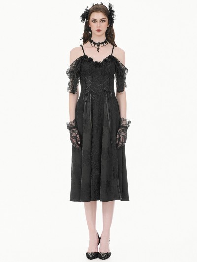 Dark in love Black Gothic Romantic Jacquard Lace Cap Sleeves Gown