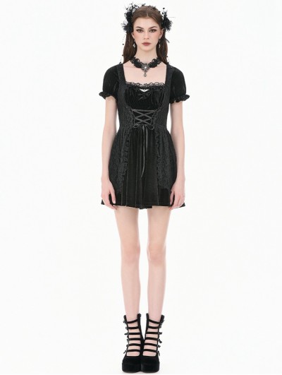 Dark in love Black Gothic Bat Vintage Lace Patchwork Short Velvet Gown