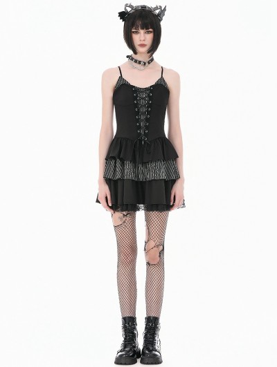Dark in love Black Striped Gothic Punk Tiered Ruffled Short Dress