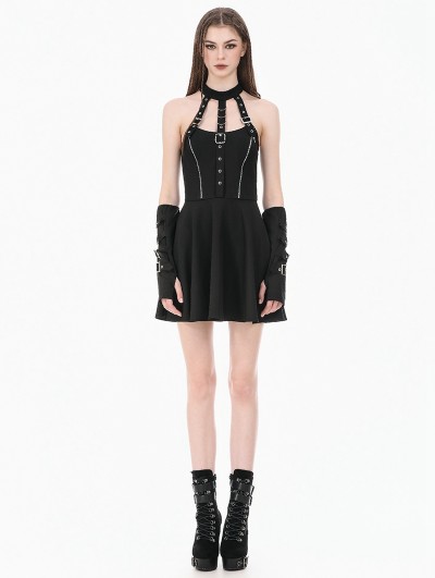 Dark in love Black Gothic Punk Metallic Buckle Strap Halter Dress