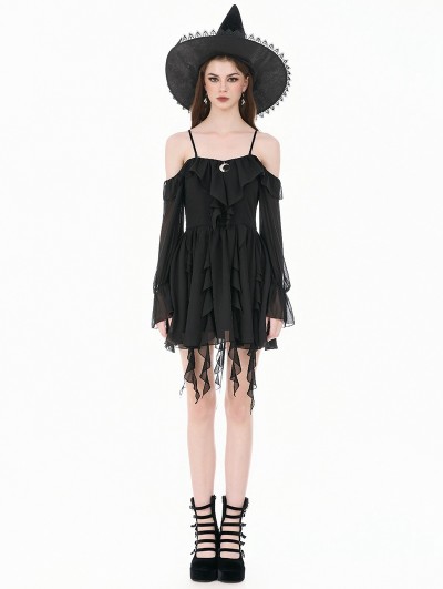 Dark in love Black Gothic Chiffon Off-the-Shoulder Layered Ruffle Dress
