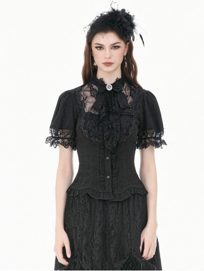 Dark in love Black Vintage Gothic Women's Pinstripe Lace Blouse with Detachable Bow