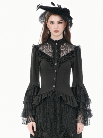 Dark in love Black Victorian Gothic Ruffled Lace Bell Sleeves Blouse for Women