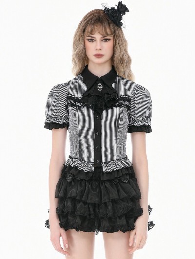 Dark in love Black Bat Collar Gothic Academy Style Striped Tail Blouse for Women
