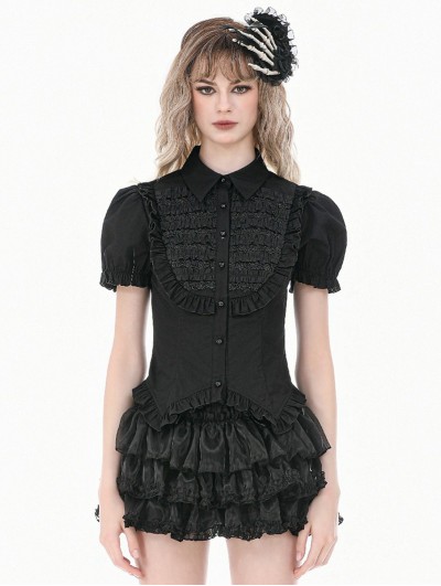 Dark in love Black Gothic Retro Victorian Lace Ruffle Puff Sleeve Blouse for Women