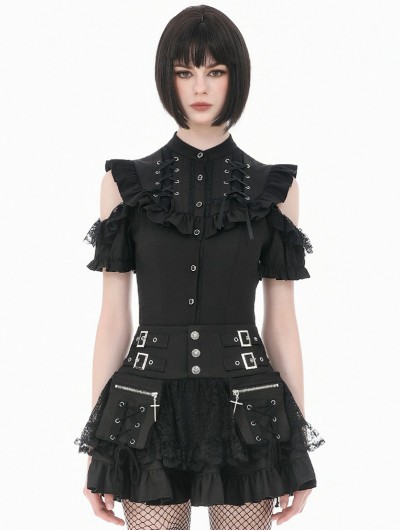 Dark in love Black Victorian Gothic Cutout Puff Sleeves Ruffled Blouse for Women