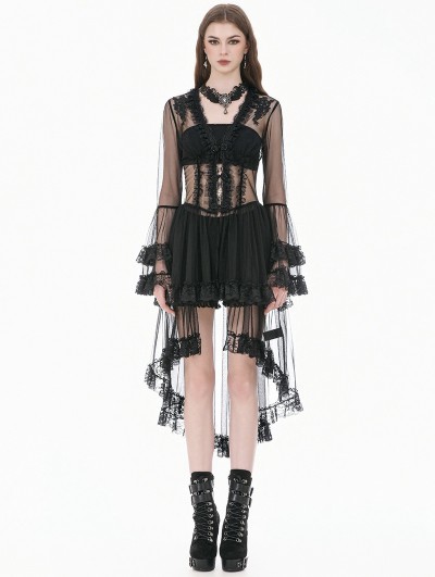 Dark in love Black Gothic Retro Sheer Lace Patchwork Deep-V Flare Sleeve Coat for Women