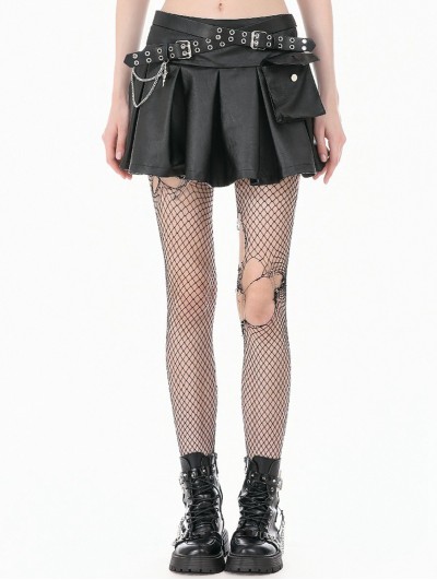 Dark in love Black Gothic Punk Double Belt Pleated Mini Skirt